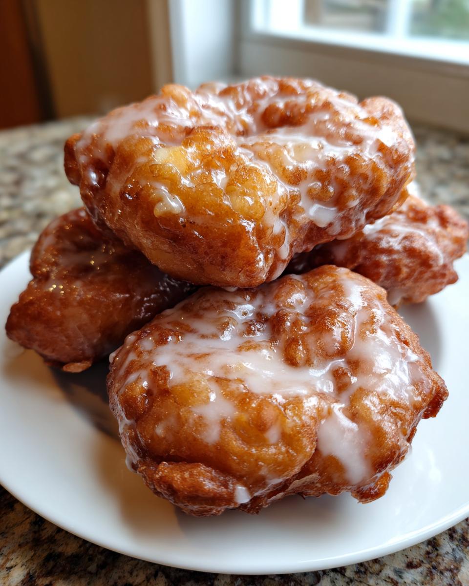 A stack of four golden brown, freshly fried apple fritter pastries generously drizzled with white glaze.