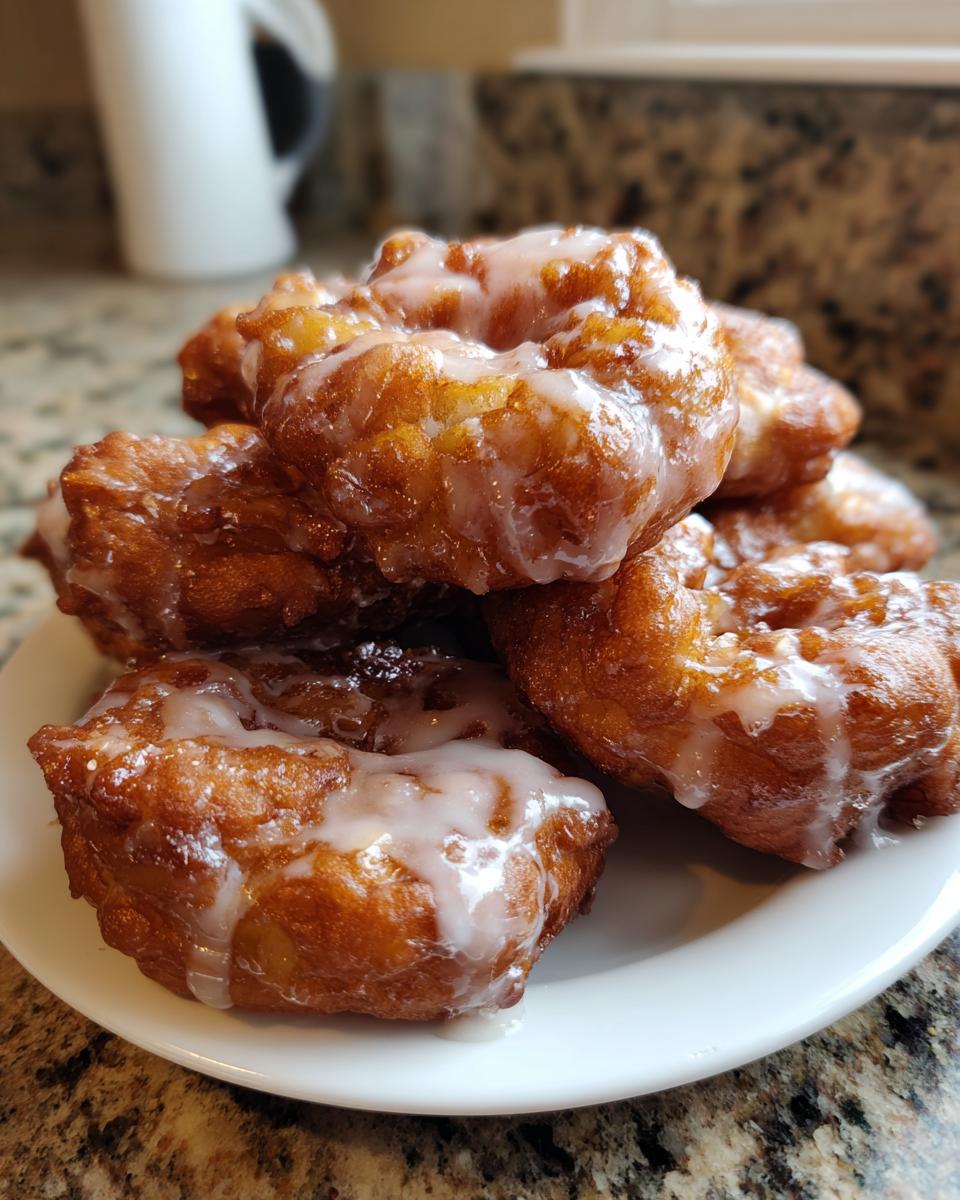 A close-up stack of golden brown, glazed apple fritter pastries piled on a small white plate.