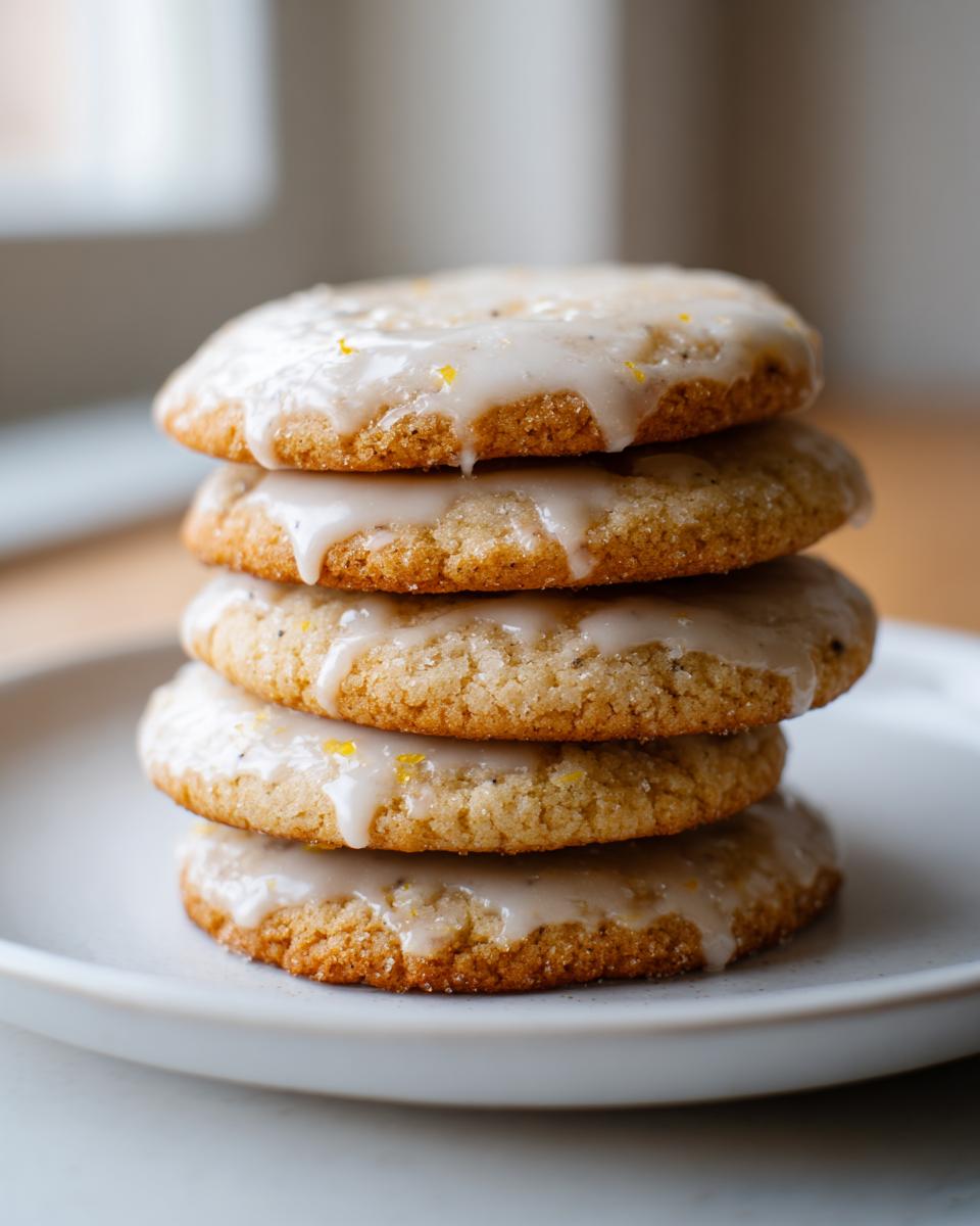A stack of four glazed earl grey cookies, drizzled with white icing and flecks of lemon zest.