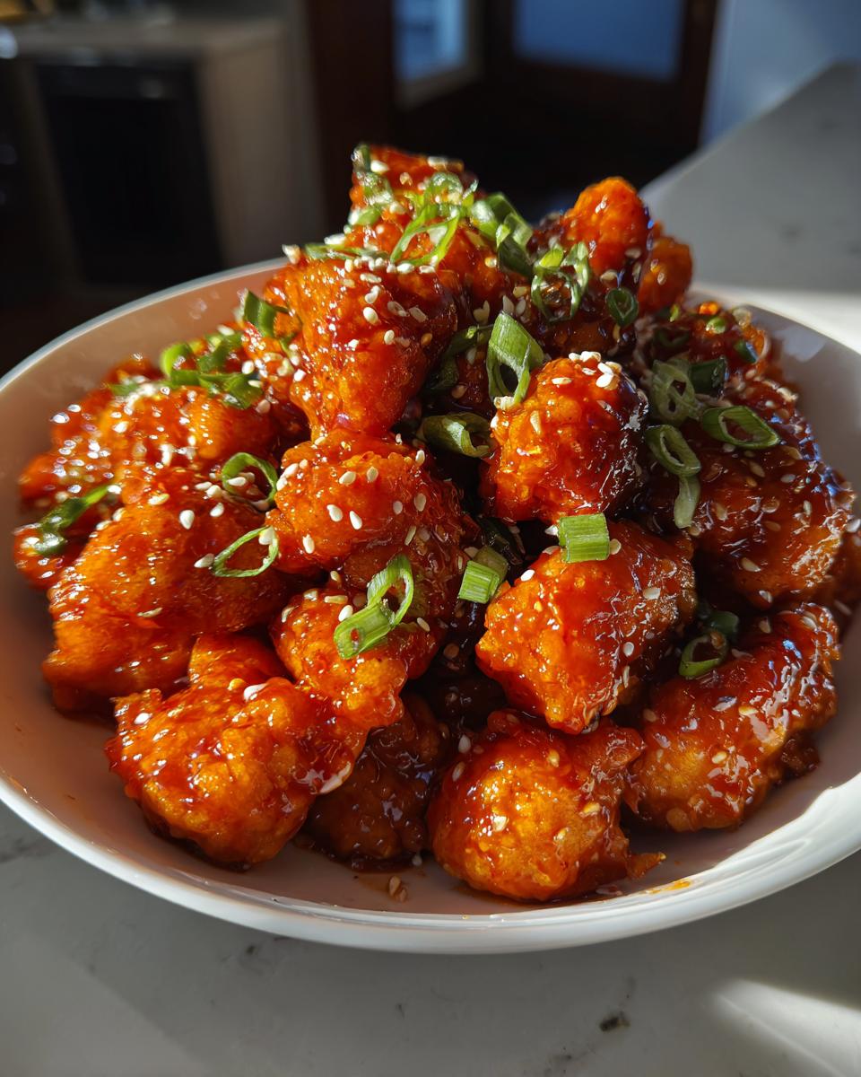 A bowl overflowing with sticky, bright red glazed gochujang chicken pieces, garnished with sesame seeds and sliced green onions.