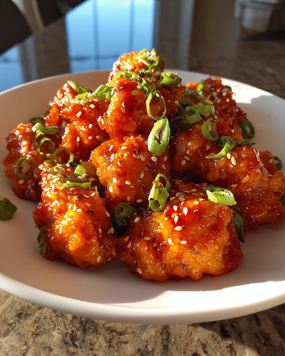 Close-up of sticky, glazed gochujang chicken pieces garnished with sesame seeds and sliced green onions.