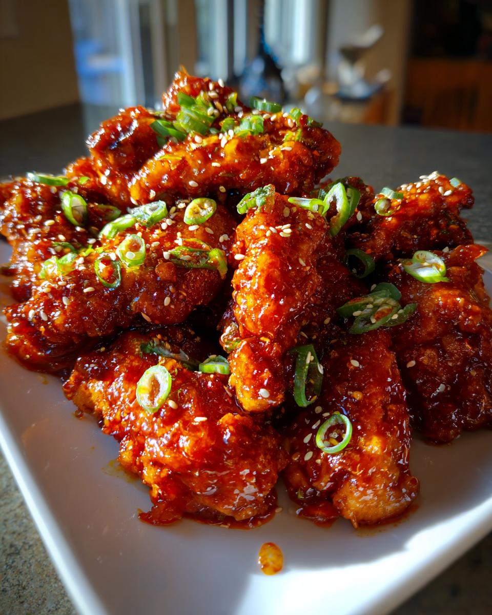 A pile of crispy, glazed gochujang chicken pieces garnished with sesame seeds and sliced green onions.