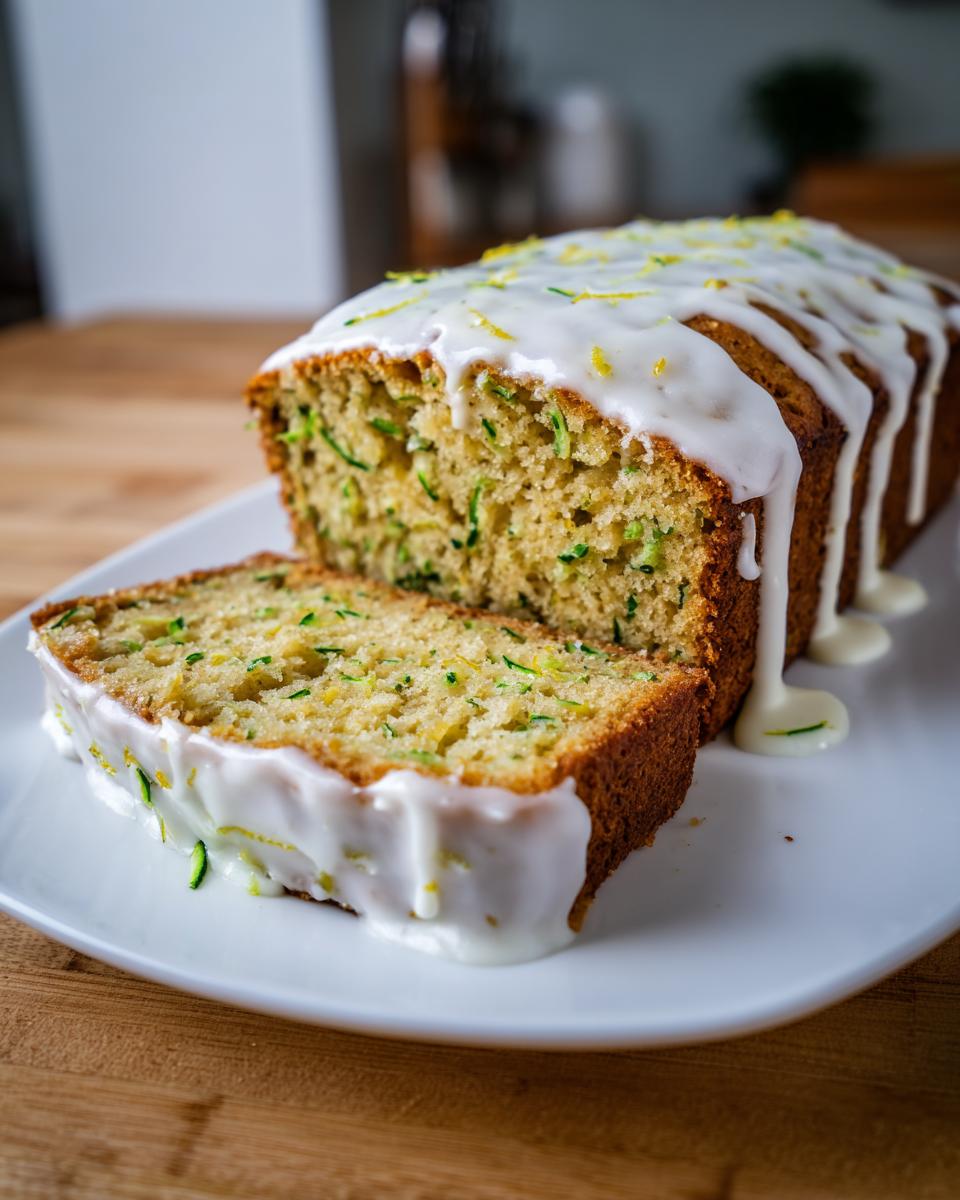 A loaf of moist lemon zucchini bread drizzled with white glaze and lemon zest, with one slice cut and resting beside it.