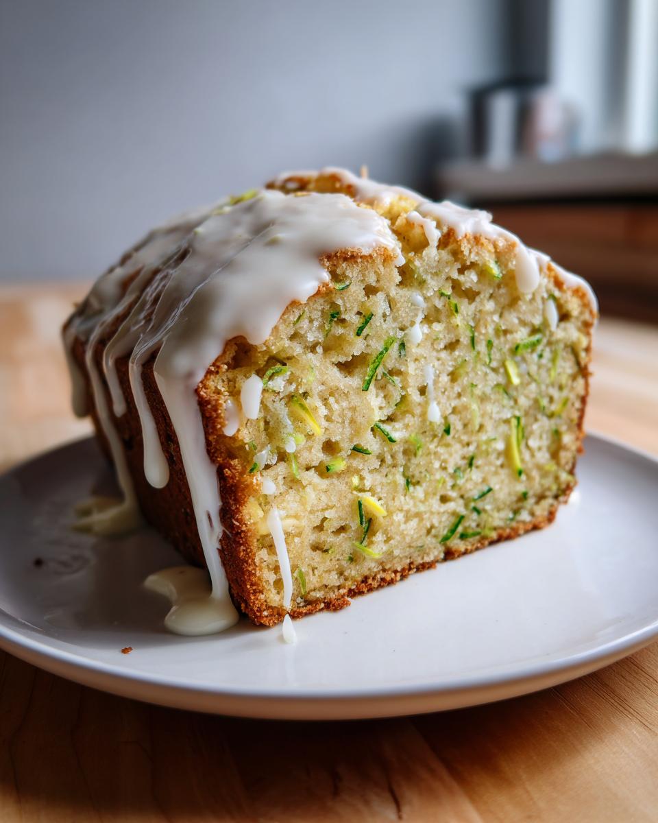 A close-up of a slice of moist lemon zucchini bread topped with a thick, dripping white glaze.