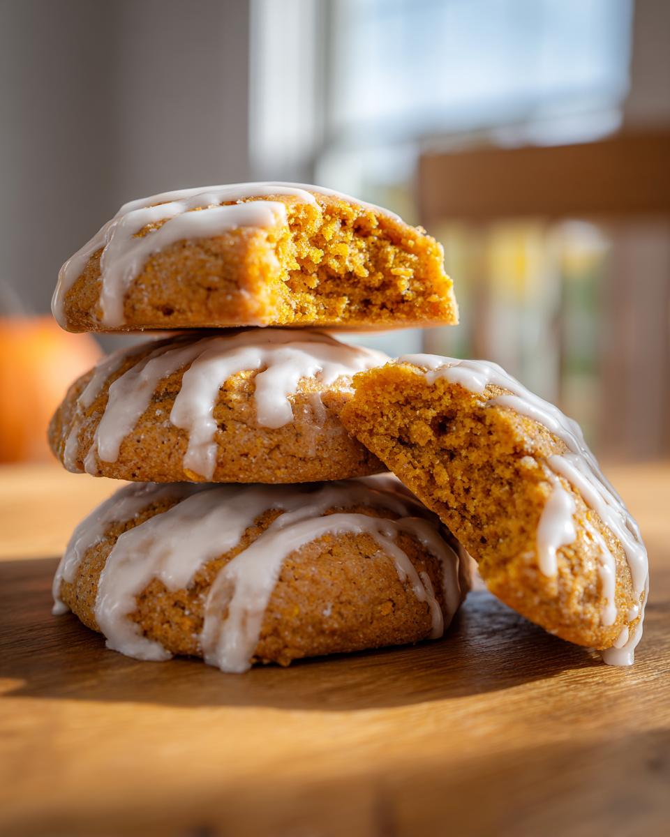 A stack of three soft, orange persimmon cookies drizzled with white icing, with the top one broken to show the moist interior.