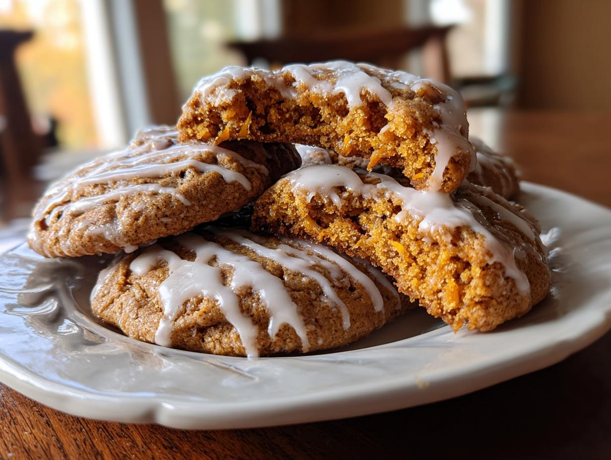 A stack of soft, orange-hued persimmon cookies drizzled with white icing on a decorative plate.