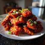 A pile of sticky, glazed gochujang chicken pieces topped with sesame seeds and chopped green onions on a white plate.
