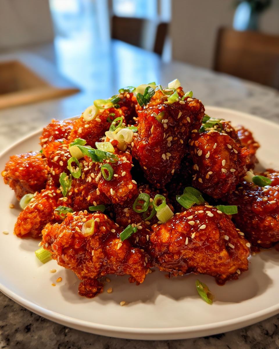 Close-up of crispy fried gochujang chicken pieces coated in a glossy red sauce, topped with sesame seeds and sliced green onions.