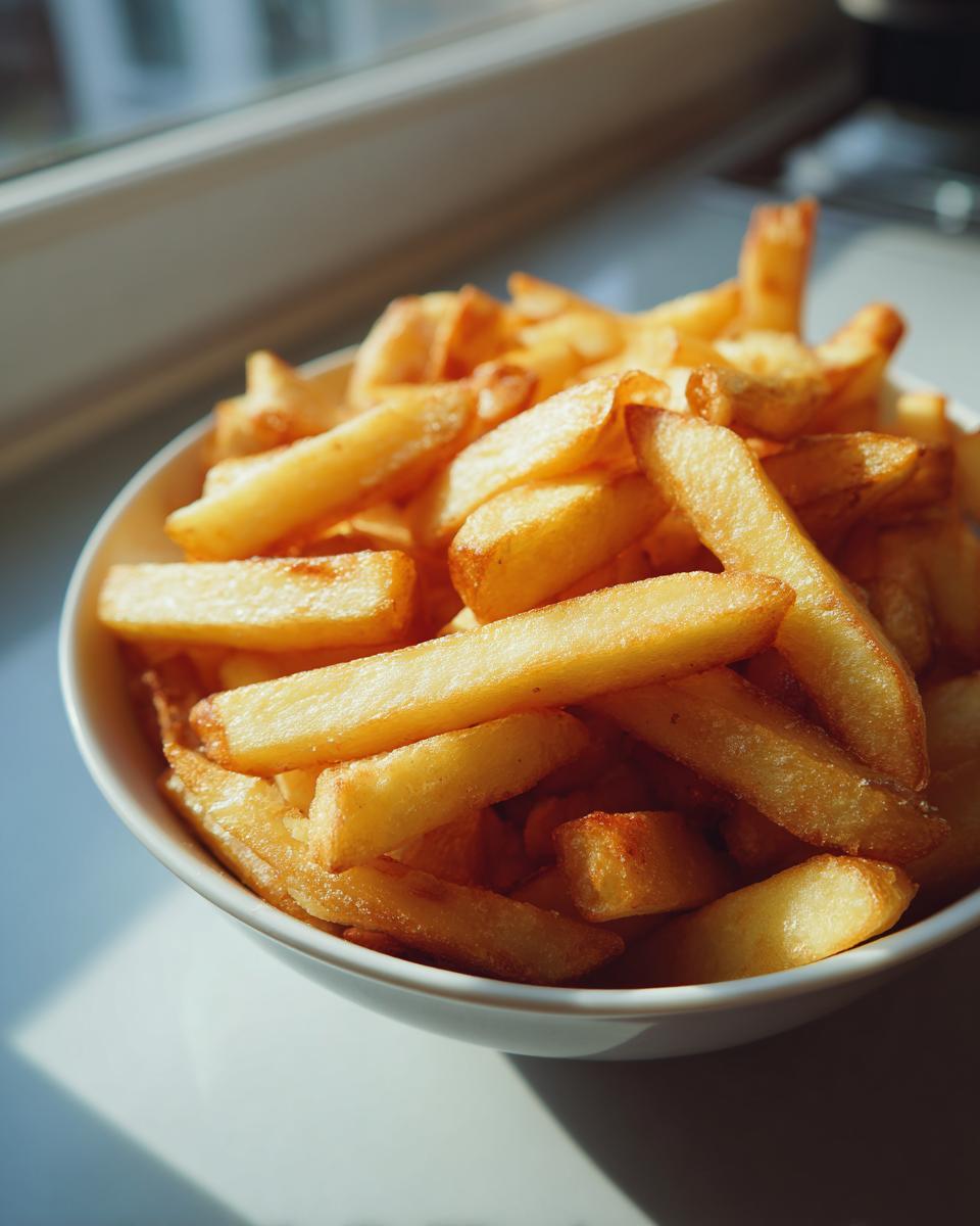 A close-up of perfectly golden, crispy air fryer french fries piled high in a white bowl.