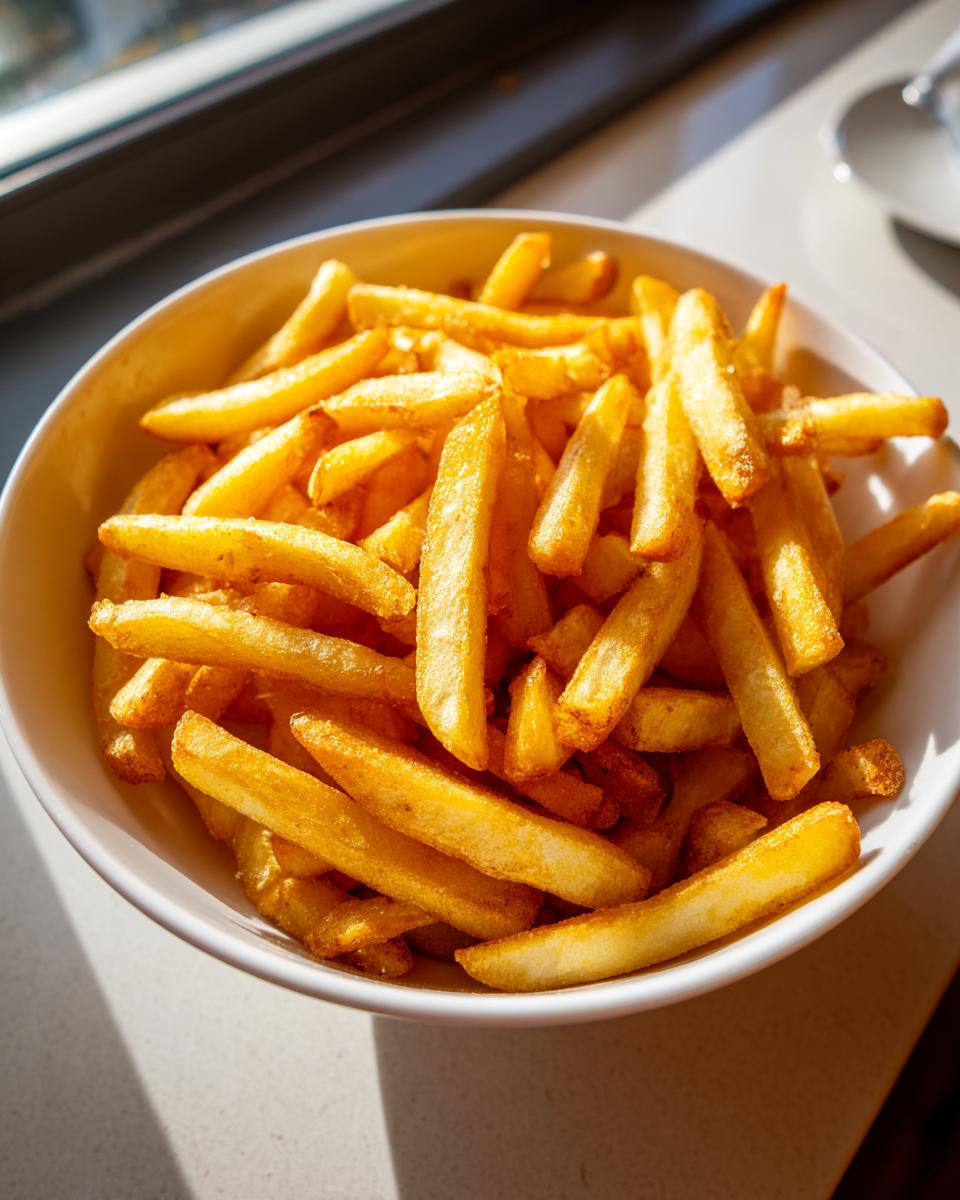 A close-up shot of crispy, golden air fryer french fries piled high in a white bowl, lit by natural sunlight.