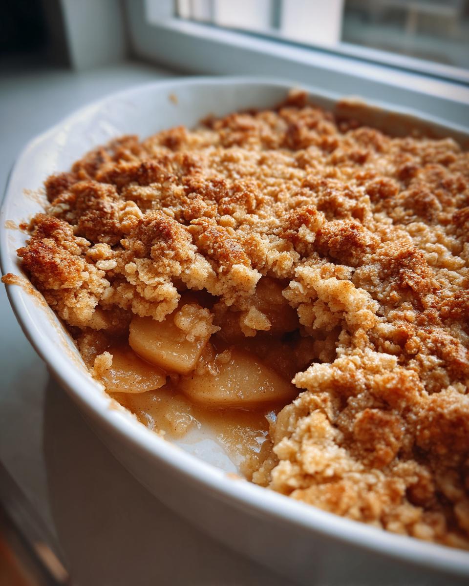 Close-up of a freshly baked apple crumble in a white dish, showing the crunchy topping and soft spiced apple filling.