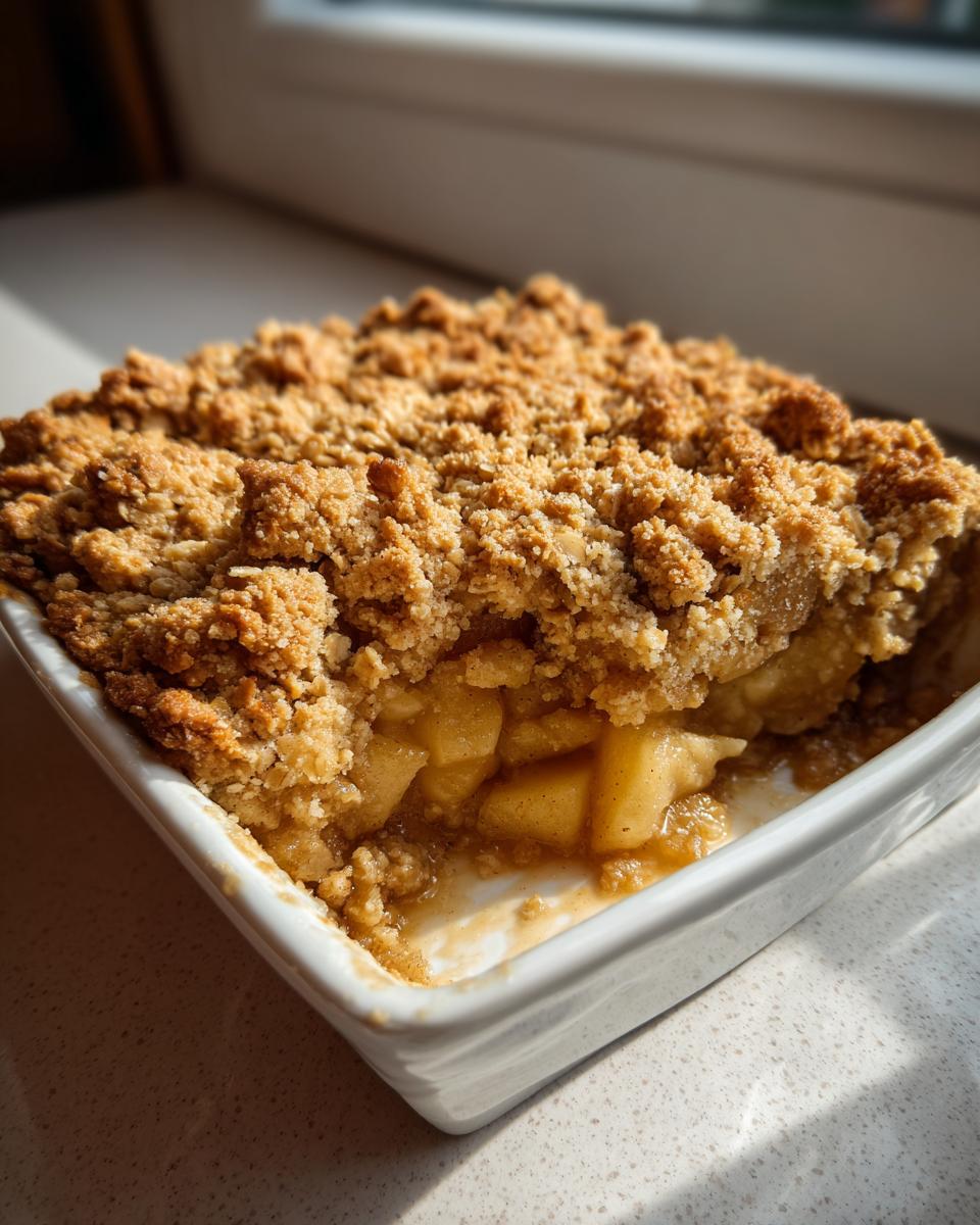 Close-up of a portion of baked apple crumble showing the golden, crunchy topping and soft, spiced apple filling.