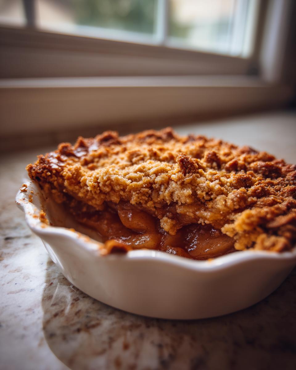 A close-up, low-angle shot of a freshly baked apple crumble with a thick, golden-brown topping in a white ramekin.