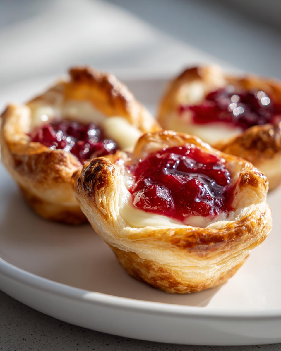 Close-up of three golden baked brie bites made with puff pastry, creamy brie, and a bright red fruit topping.