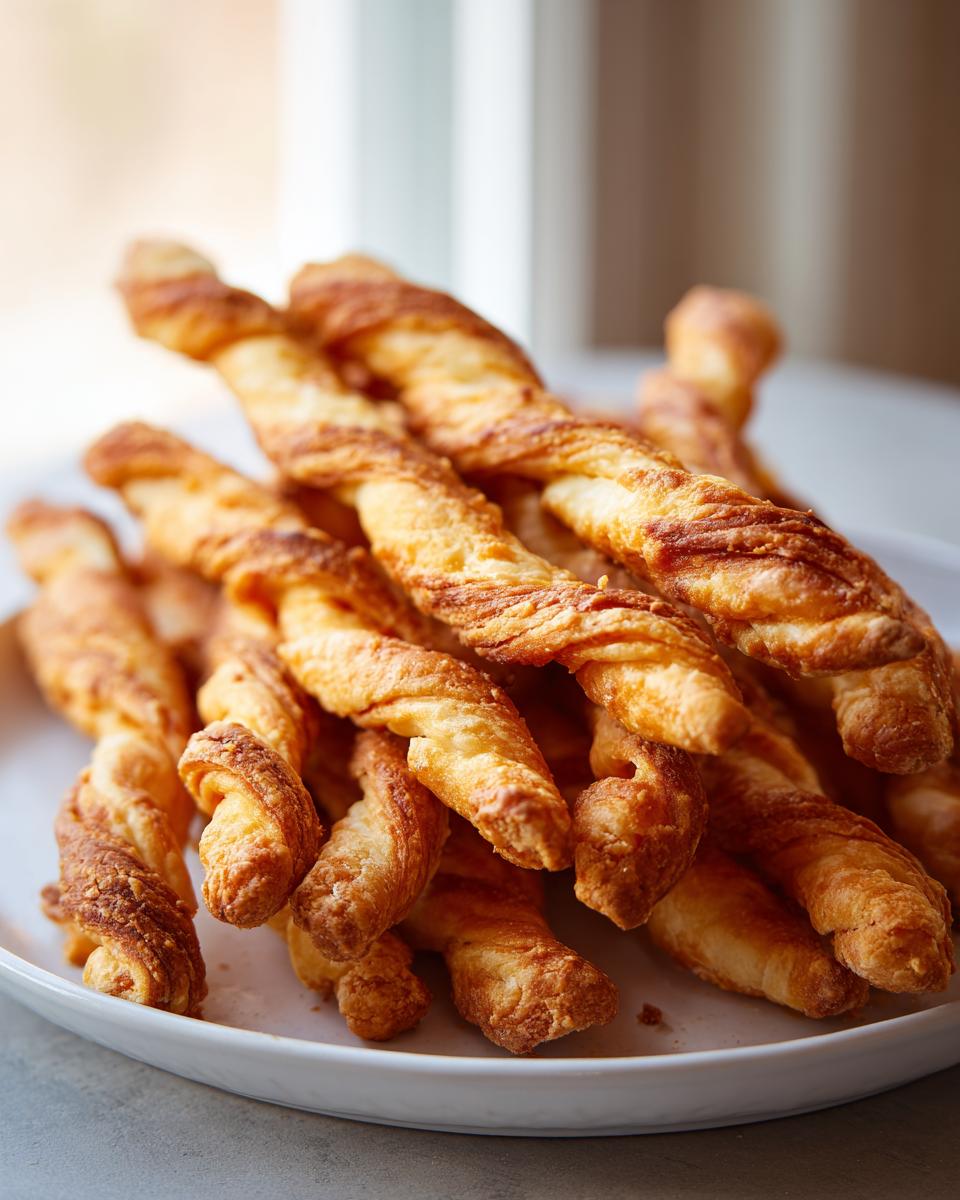 A pile of golden brown, flaky, twisted cheese straws recipe treats stacked on a white serving plate.
