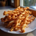 A pile of golden, flaky, twisted cheese straws recipe treats stacked high on a white plate.