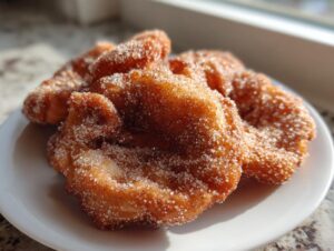 A close-up of several golden brown buñuelos piled on a white plate, heavily coated in sparkling cinnamon sugar.