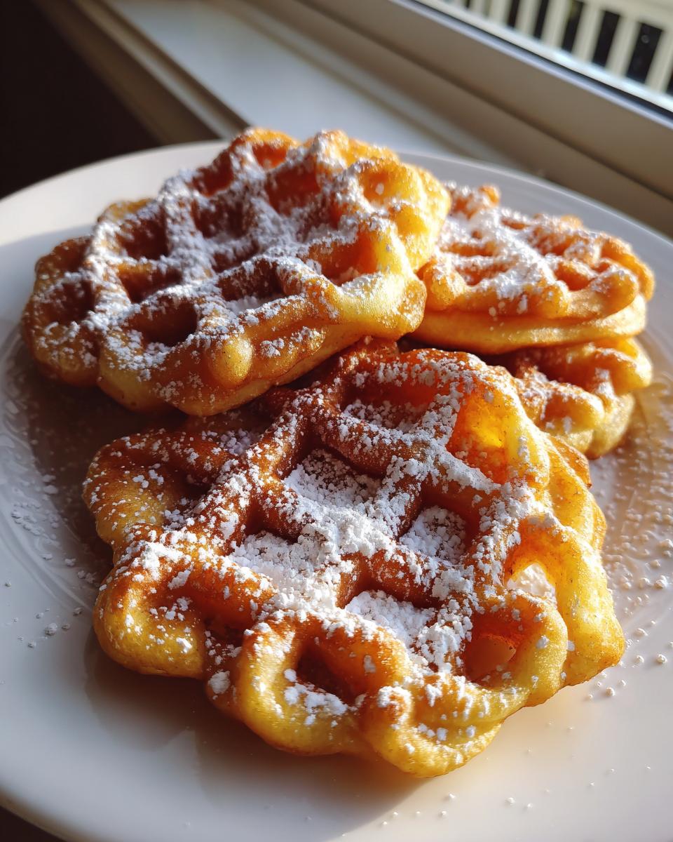 Close-up of golden, deep-fried treats resembling waffles, dusted heavily with powdered sugar, inspired by a funnel cake recipe.