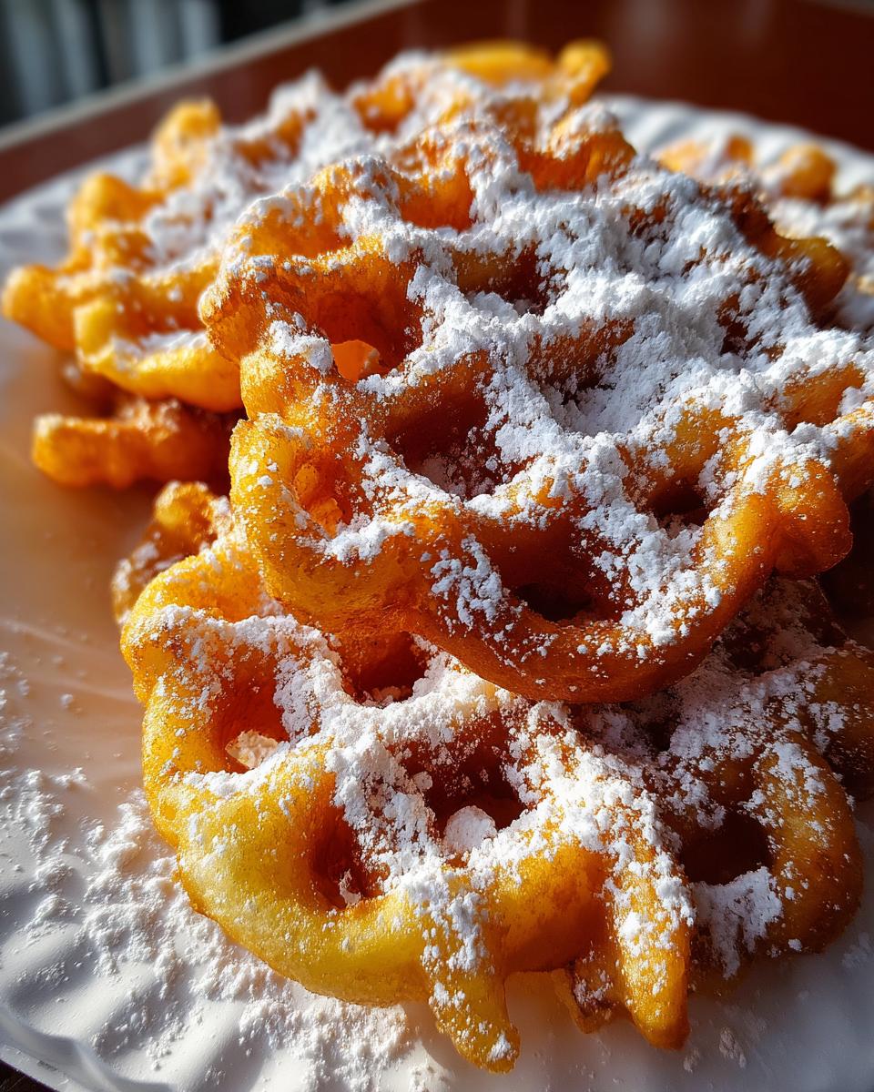 Close-up of golden, crispy funnel cake recipe portions heavily dusted with white powdered sugar on a white plate.