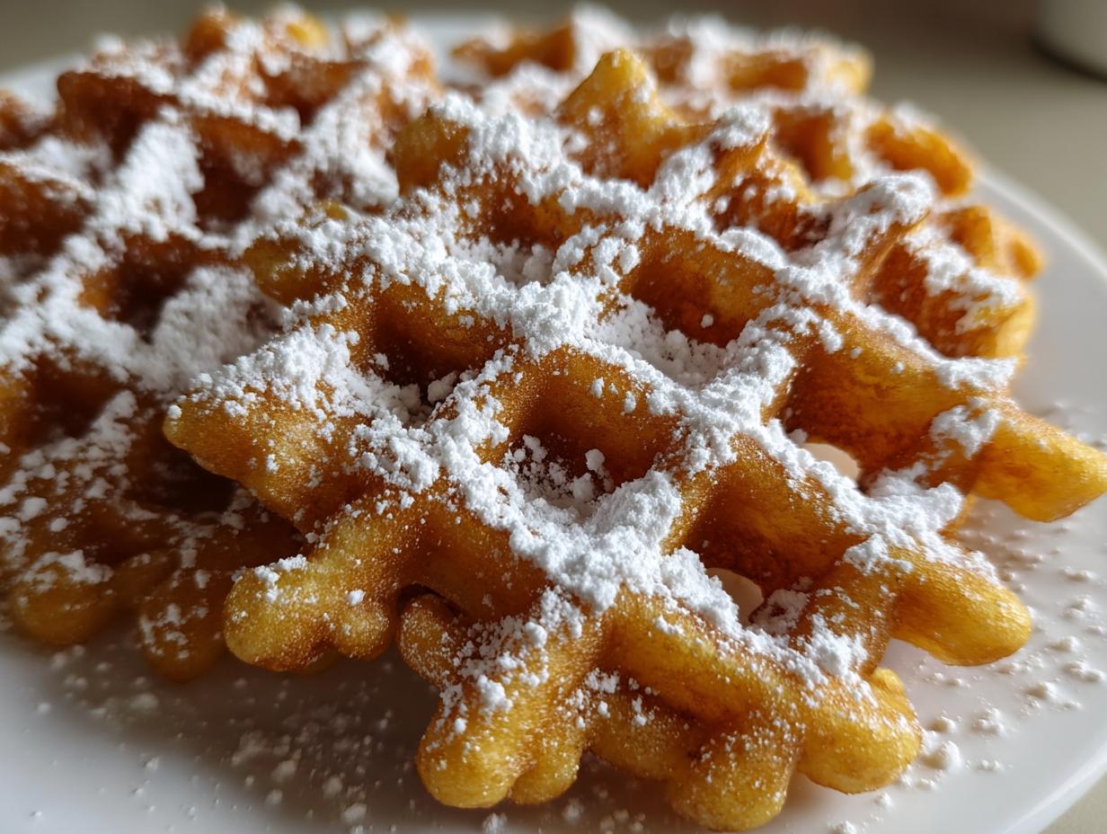 Close-up of a freshly made, golden-brown funnel cake recipe generously dusted with white powdered sugar.