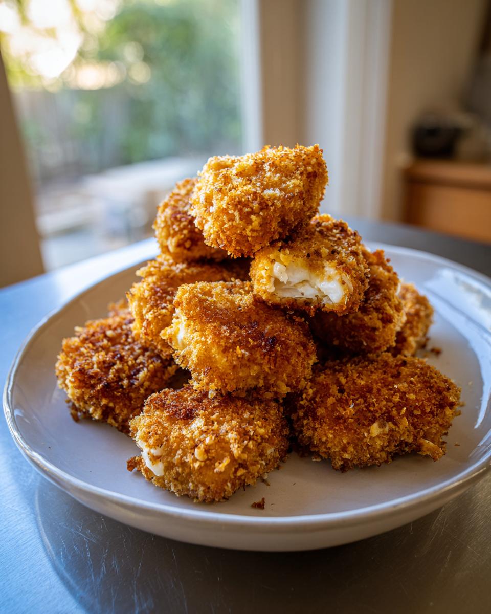 A pile of golden brown, crispy homemade chicken nuggets stacked on a light gray plate, one nugget is broken open showing the white chicken inside.