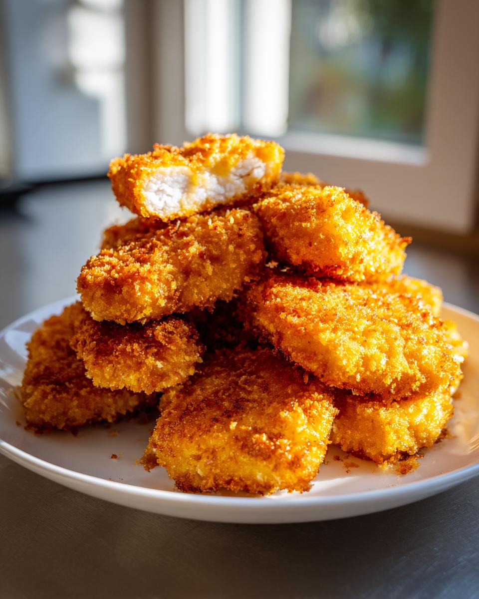 A stack of golden brown, crispy homemade chicken nuggets piled high on a white plate, one nugget is broken open showing the white chicken inside.