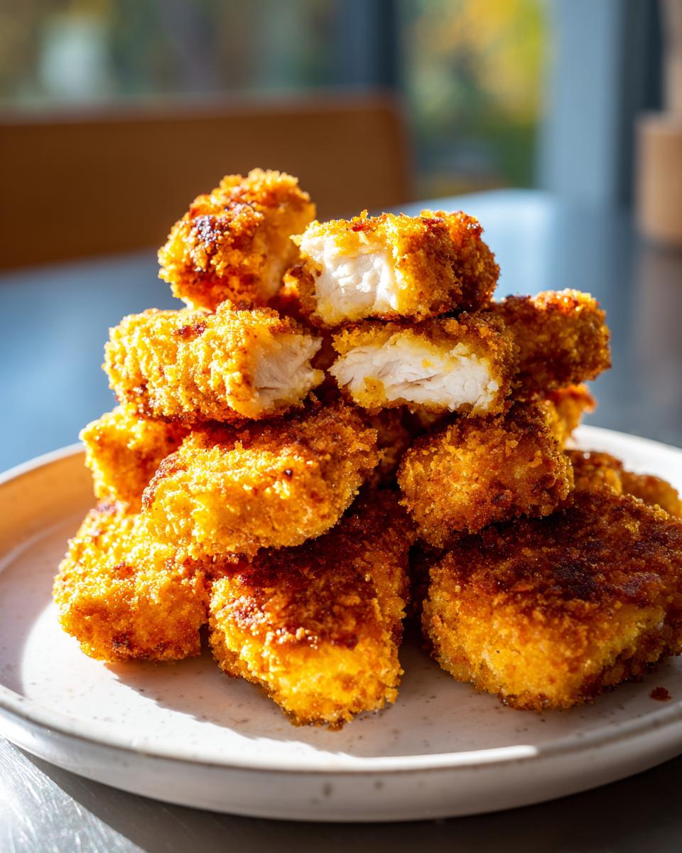 A tempting stack of golden brown homemade chicken nuggets, with one nugget broken open showing the white interior.