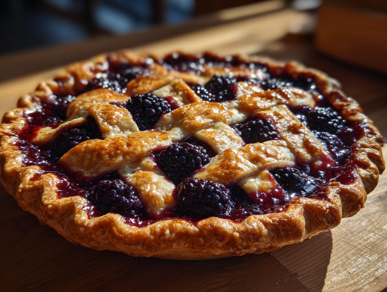 A golden-brown, lattice-top blackberry pie, glistening with jam and whole berries, sitting on a wooden surface.