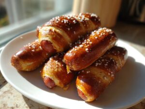A pile of freshly baked pretzel dogs topped with coarse salt resting on a white plate.