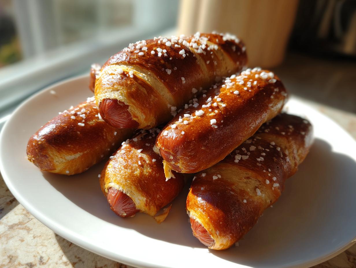 A pile of freshly baked pretzel dogs topped with coarse salt resting on a white plate.