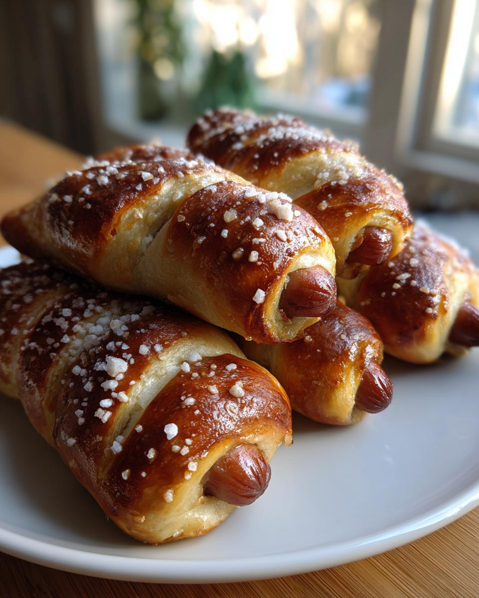 A stack of freshly baked pretzel dogs, wrapped in shiny, dark brown dough and topped with coarse salt.