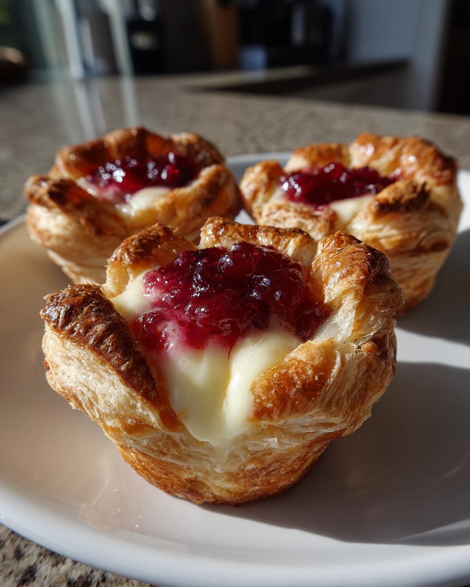 Close-up of three golden, flaky puff pastry brie bites filled with melted brie and topped with dark red berry jam.