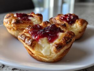 Three golden, flaky puff pastry cups filled with melted brie and topped with bright red jam, perfect brie bites.