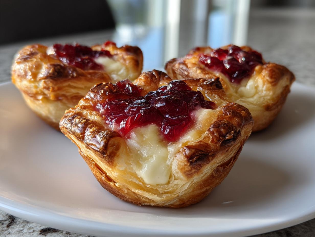 Three golden, flaky puff pastry cups filled with melted brie and topped with bright red jam, perfect brie bites.