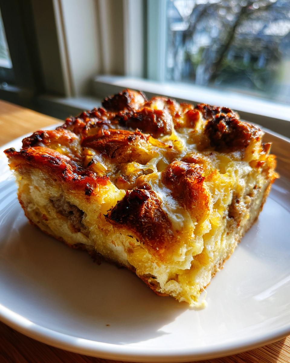 A perfectly baked slice of christmas breakfast casserole with a golden, browned top, served on a white plate.