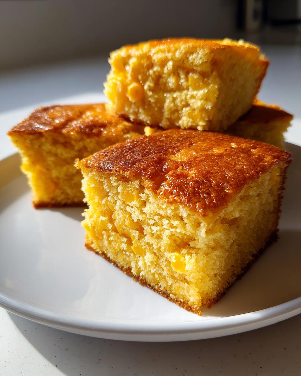 Close-up of four golden squares of moist cornbread casserole stacked on a white plate.