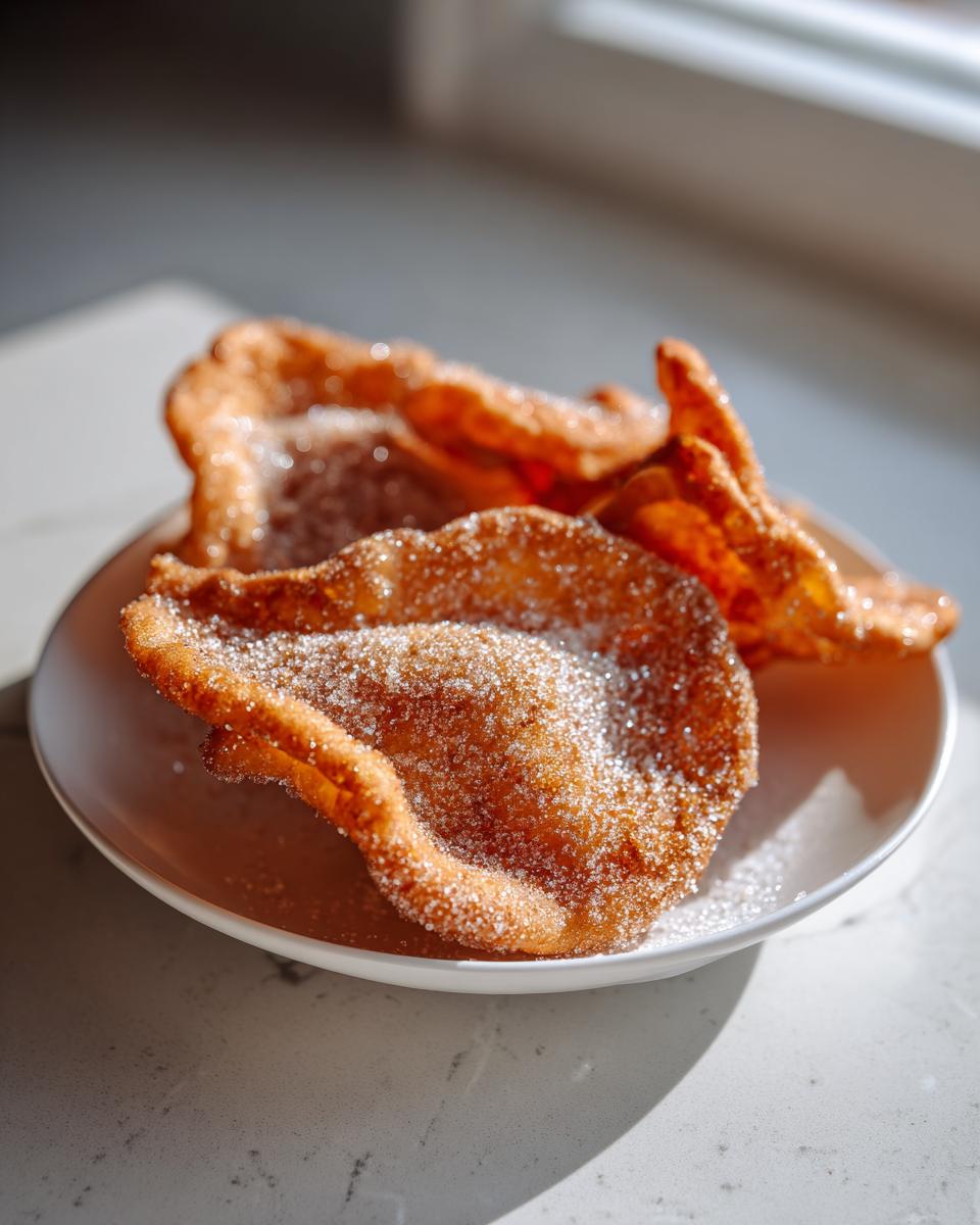 Close-up of golden, crispy buñuelos heavily dusted with granulated sugar served on a small white plate.