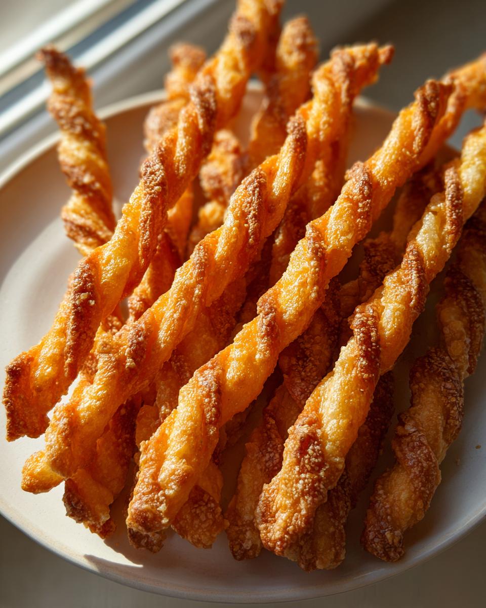 A close-up of several golden brown, flaky, twisted cheese straws recipe snacks piled on a light plate.