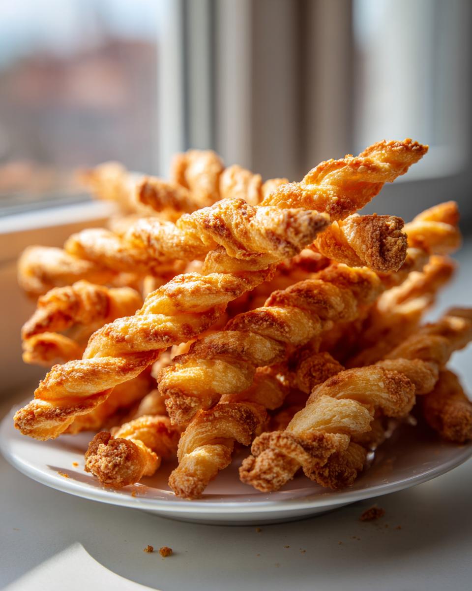 A close-up of a pile of golden, flaky, twisted cheese straws recipe on a white plate, backlit by a window.
