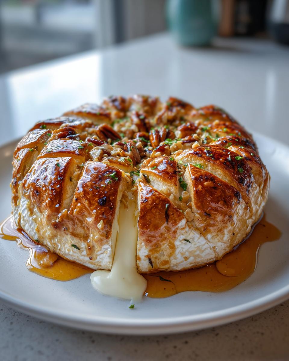 Close-up of a baked brie wheel wrapped in golden pastry, oozing melted cheese, topped with nuts and honey.
