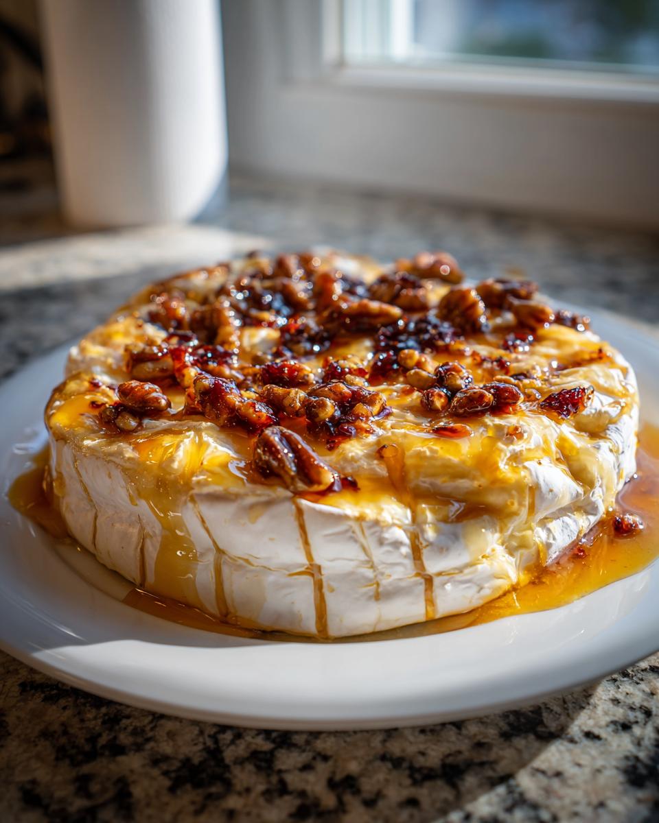 A perfectly baked brie topped with caramelized pecans and drizzled with honey, ready to serve.