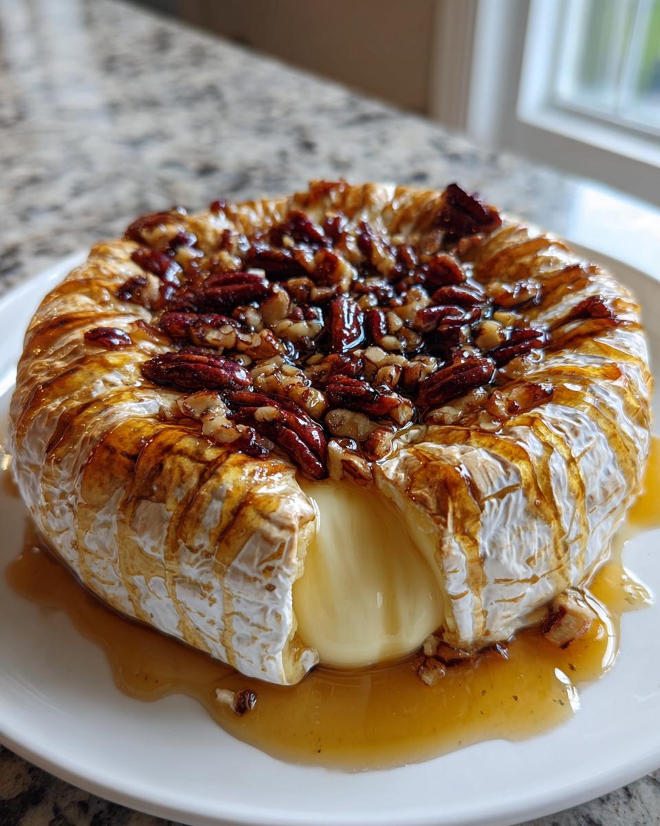A wheel of perfectly baked brie with a slice cut out revealing the melted interior, topped with pecans and honey.