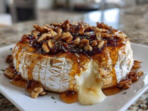 A wheel of warm baked brie oozing melted cheese, topped with walnuts, jam, and honey.