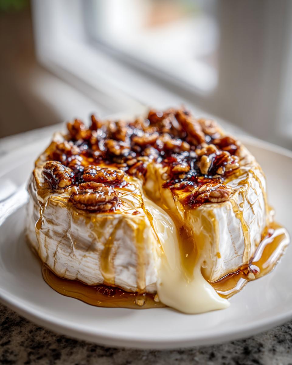 A wheel of warm baked brie, cut open to reveal a gooey center, topped with caramelized walnuts and honey.