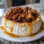 A whole wheel of baked brie topped with walnuts, jam, and drizzled with honey.
