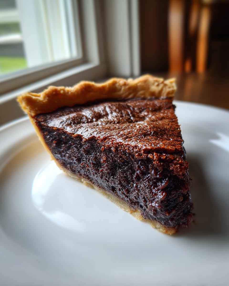 A close-up slice of rich, dark chocolate chess pie with a flaky crust resting on a white plate.
