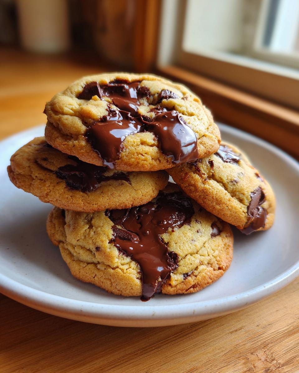 A stack of four gooey vegan chocolate chip cookies with melted chocolate oozing over the top.