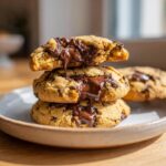 A stack of three gooey vegan chocolate chip cookies with melted chocolate dripping down the sides.