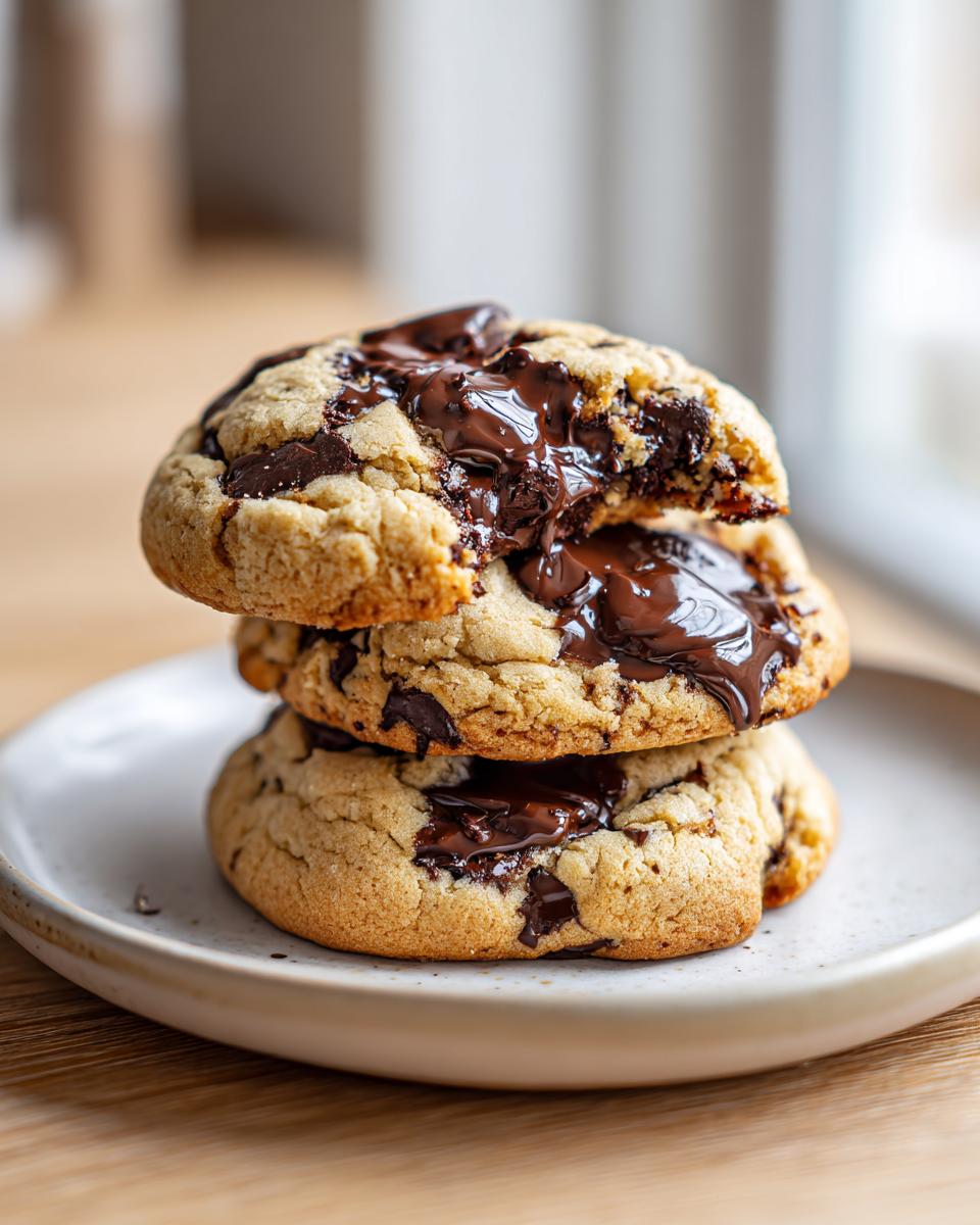 A stack of three thick, soft vegan chocolate chip cookies with melted chocolate oozing out.