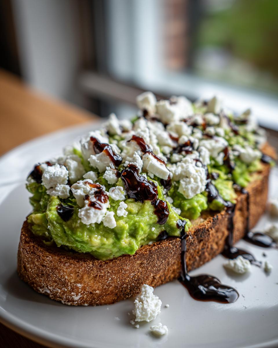 Close-up of gourmet avocado toast topped with mashed avocado, crumbled feta cheese, and a dark balsamic glaze drizzle.